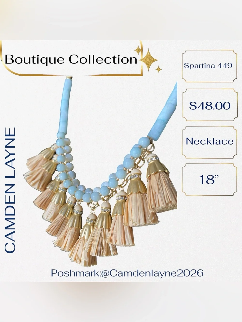 Spartina 449 18 Inch Raffia Gold-Accented “Sea Foam” Beaded Tassel Necklace